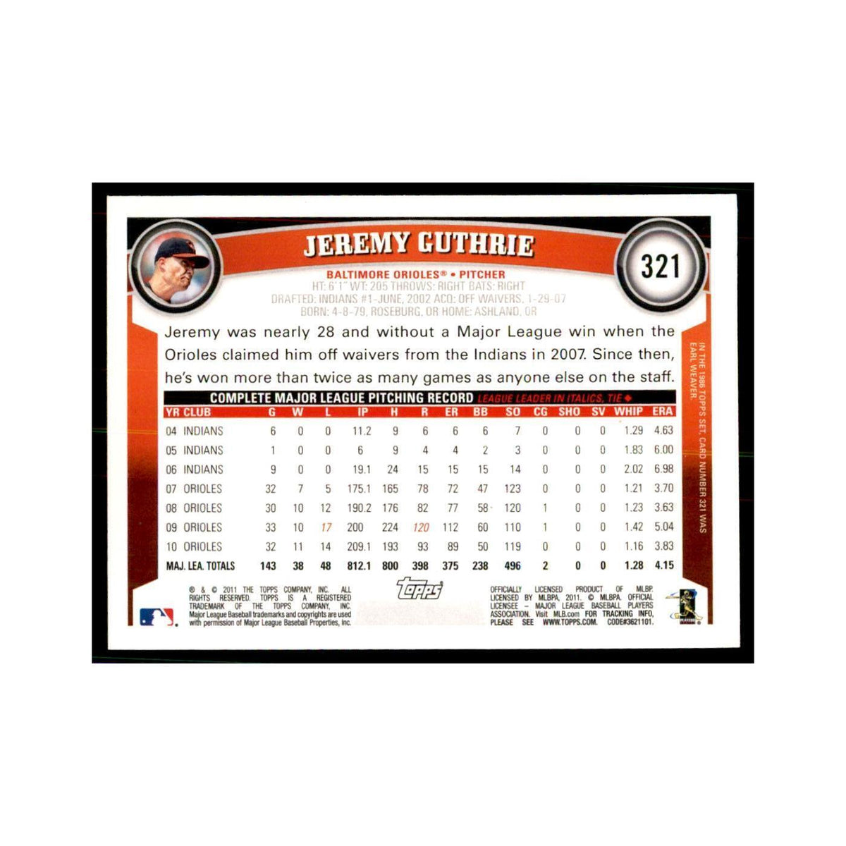 2011 Topps Jeremy Guthrie Baseball Cards #321