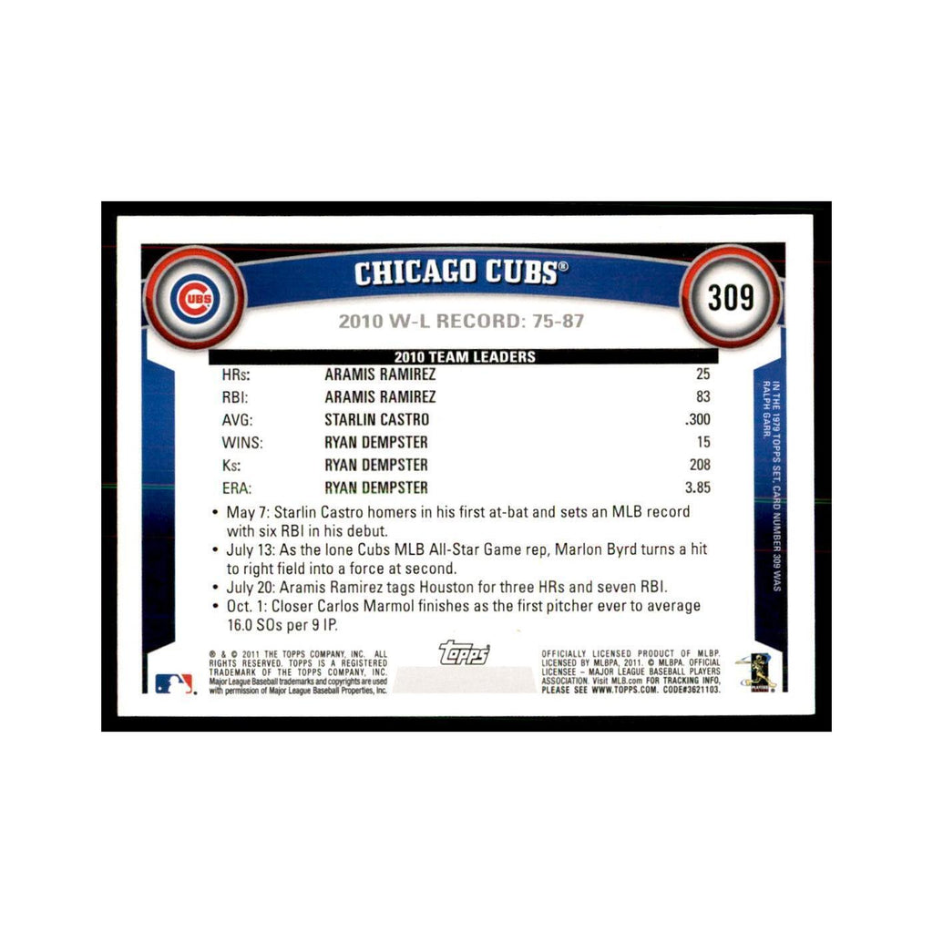 2011 Topps Chicago Cubs Baseball Cards #309