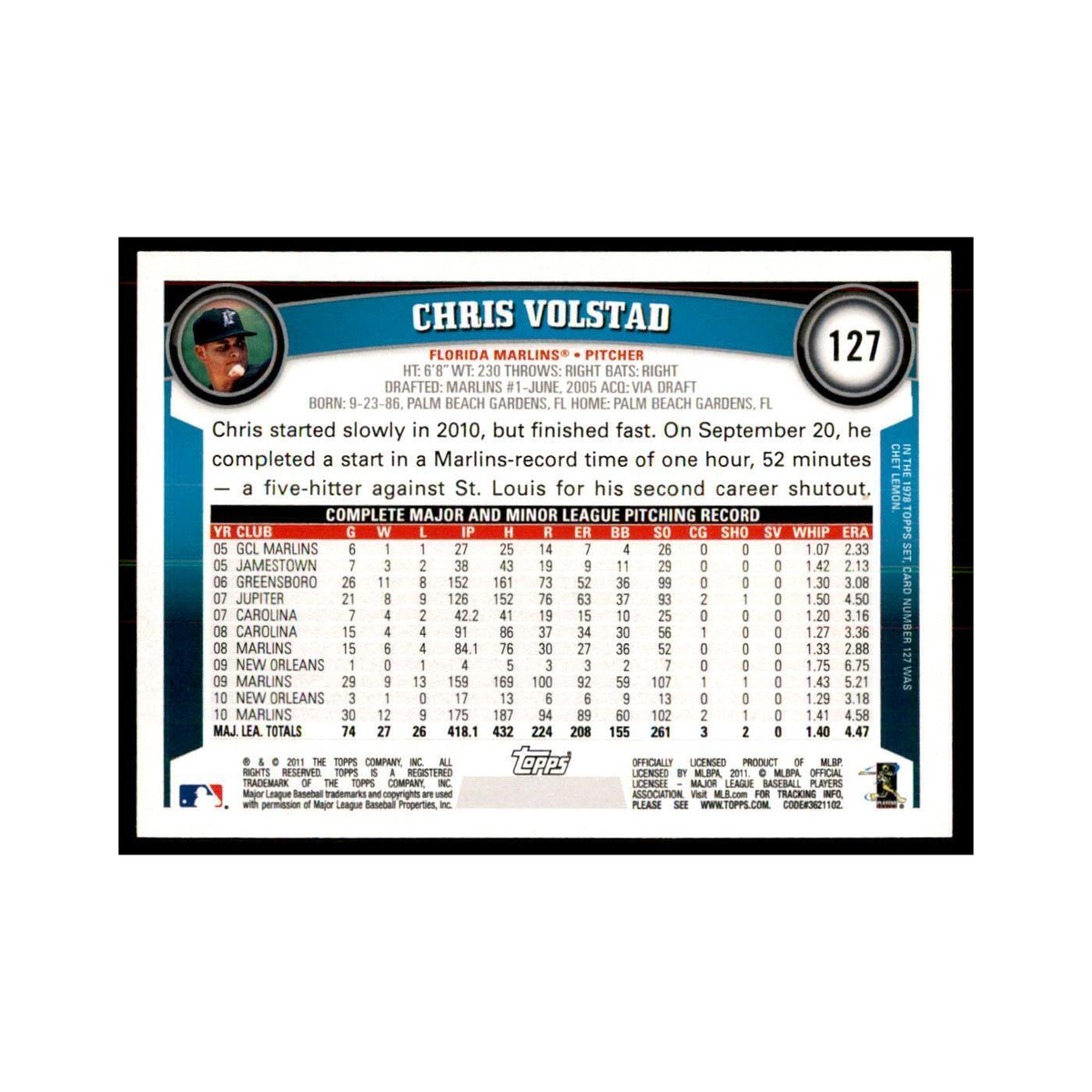 2011 Topps Chris Volstad Baseball Cards #127