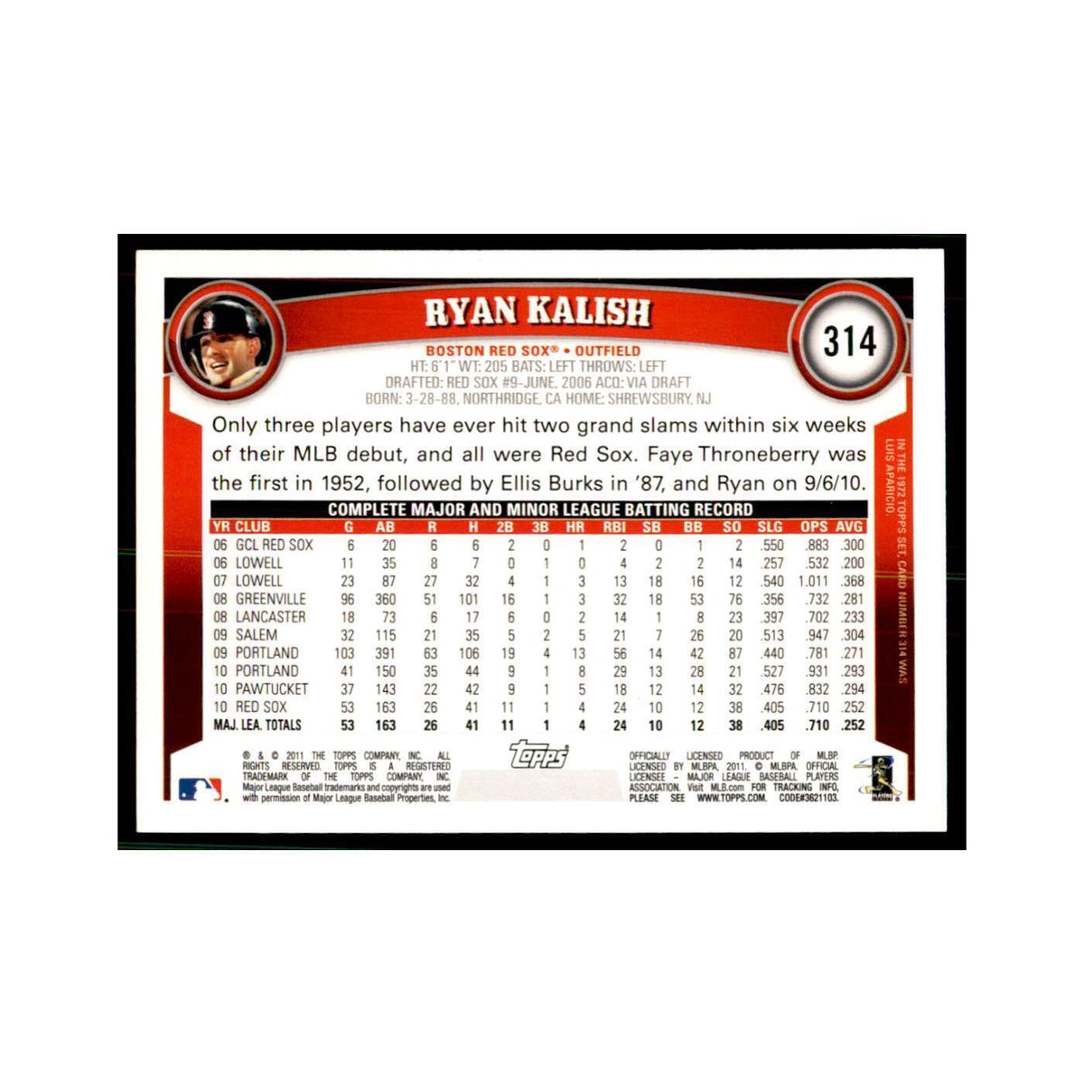 2011 Topps Ryan Kalish Baseball Cards #314