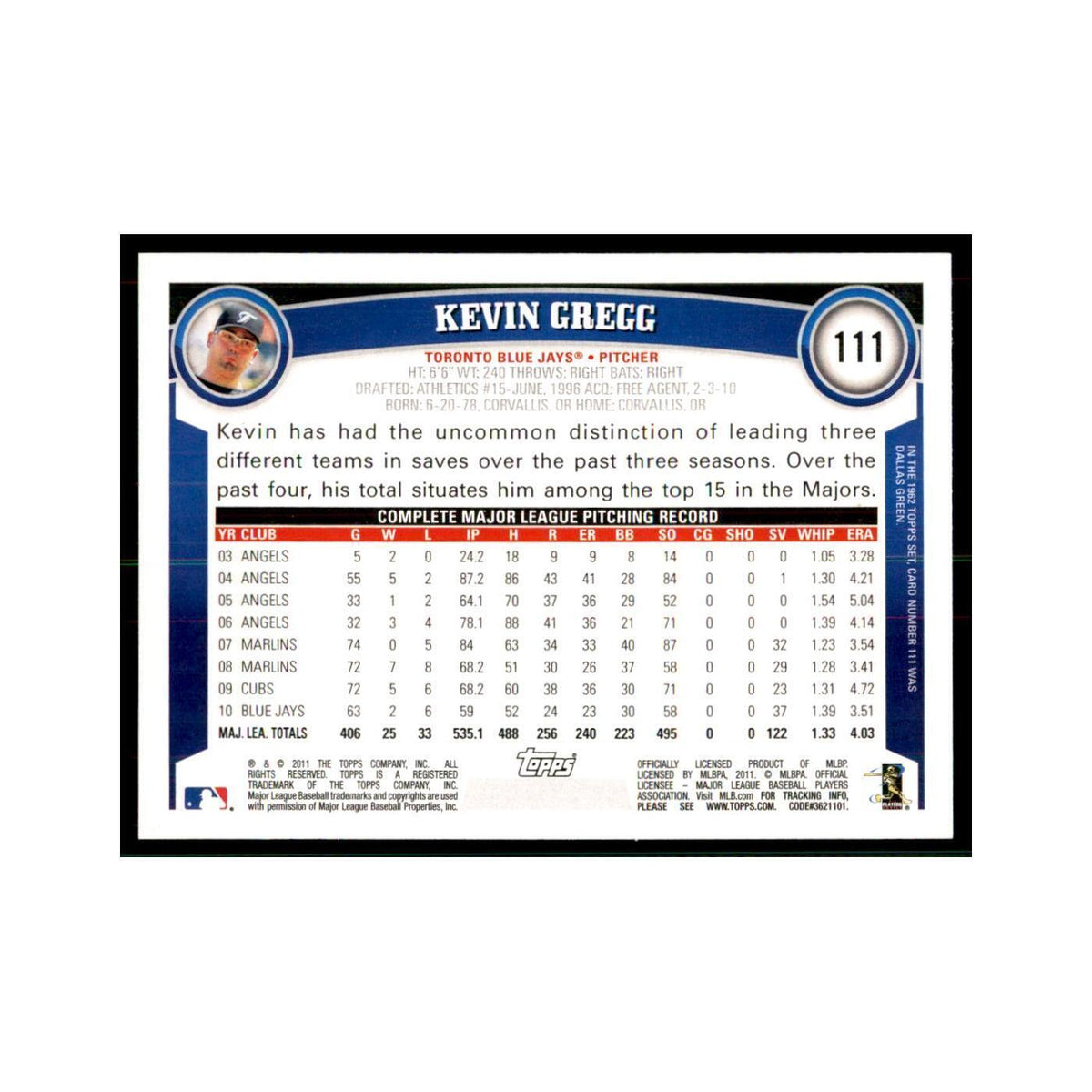 2011 Topps Kevin Gregg Baseball Cards #111