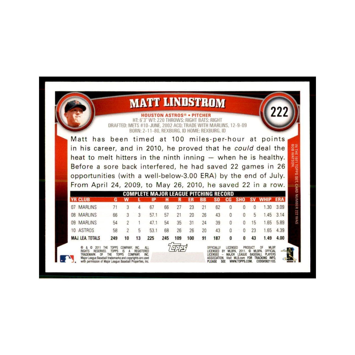 2011 Topps Matt Lindstrom Baseball Cards #222