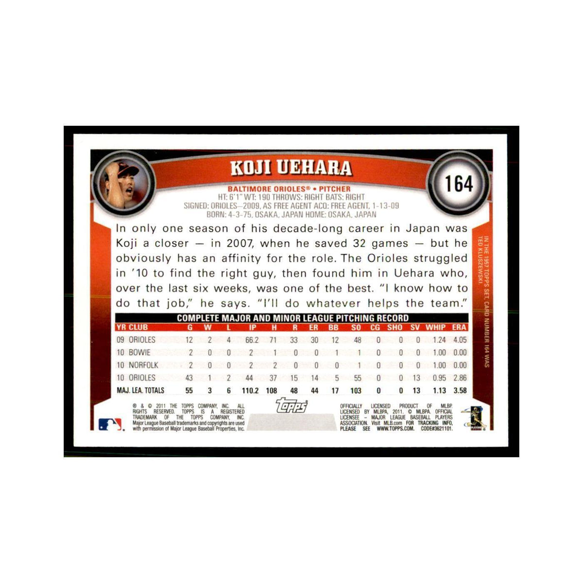 2011 Topps Koji Uehara Baseball Cards #164