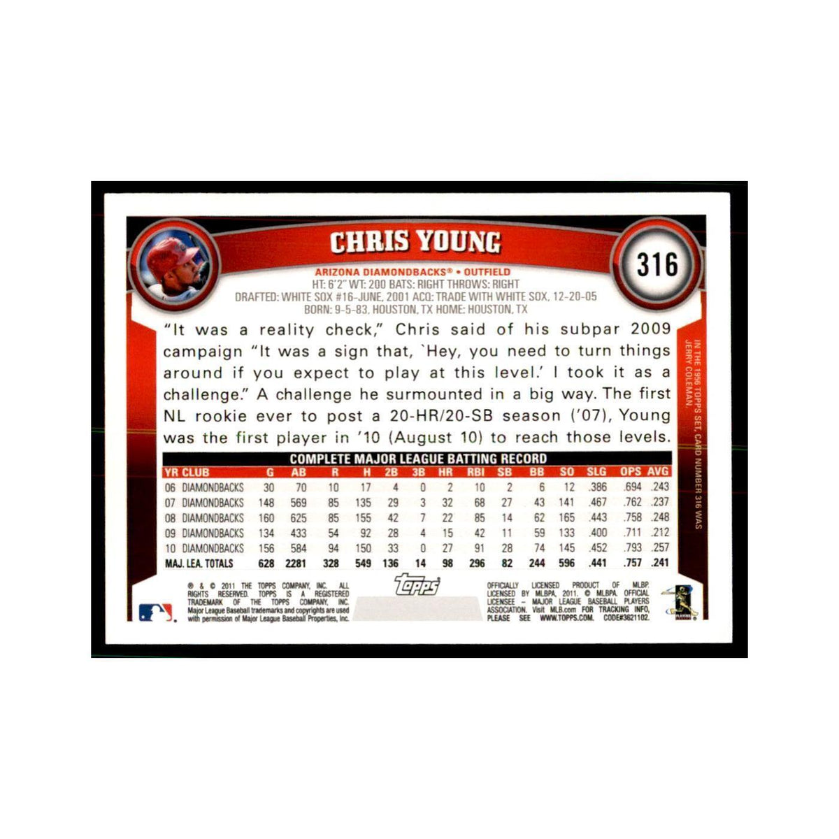 2011 Topps Chris Young Baseball Cards #316