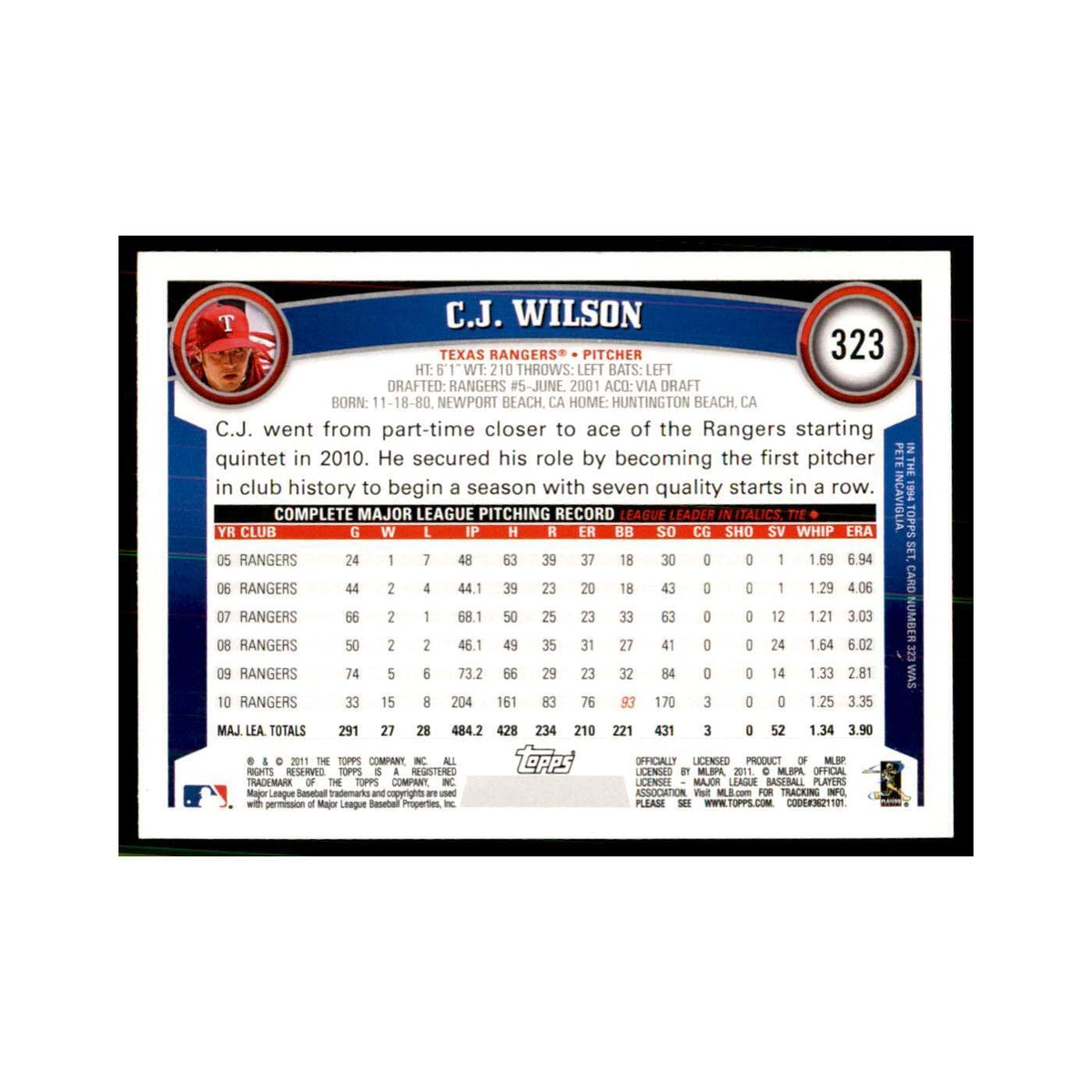 2011 Topps C.J. Wilson Baseball Cards #323