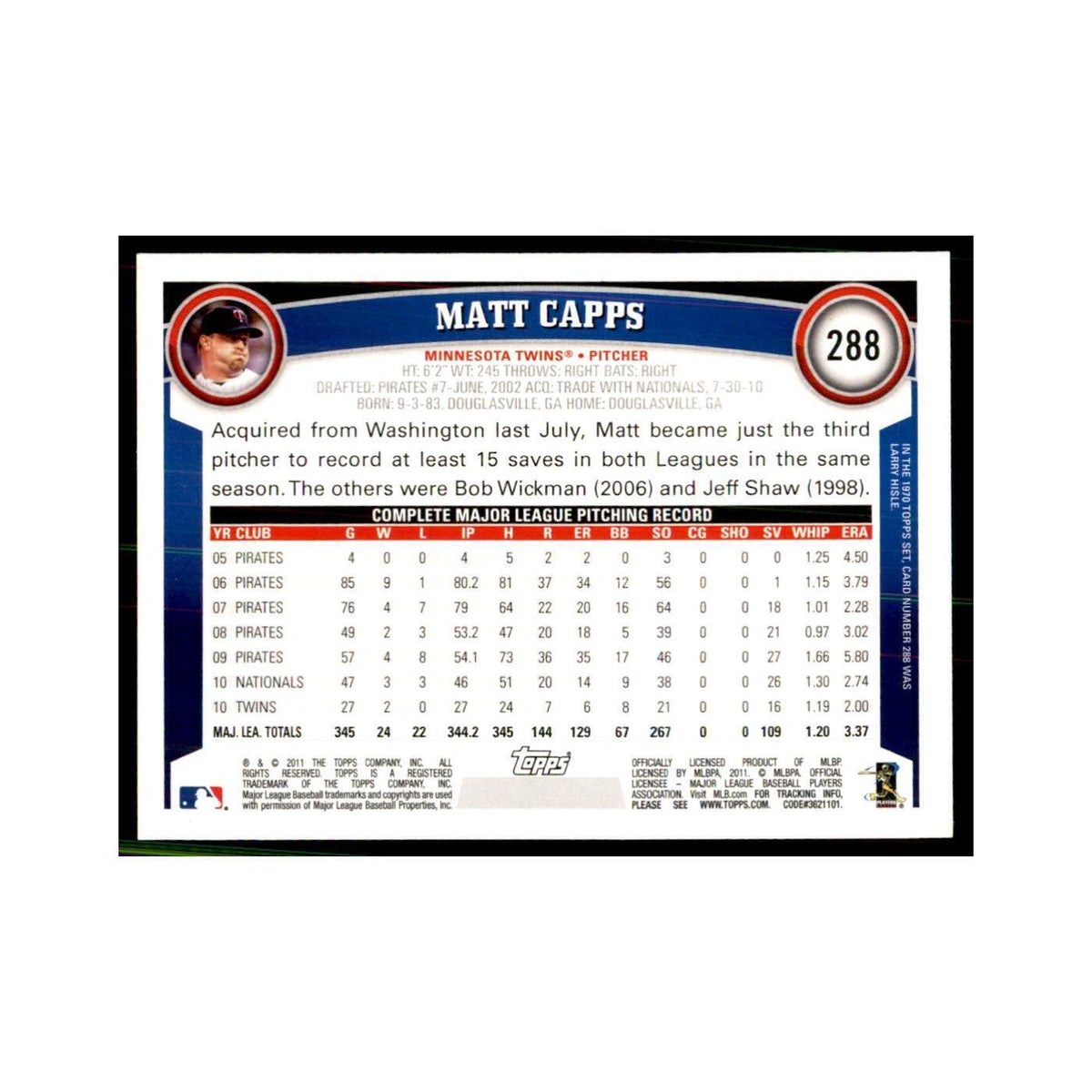 2011 Topps Matt Capps Baseball Cards #288