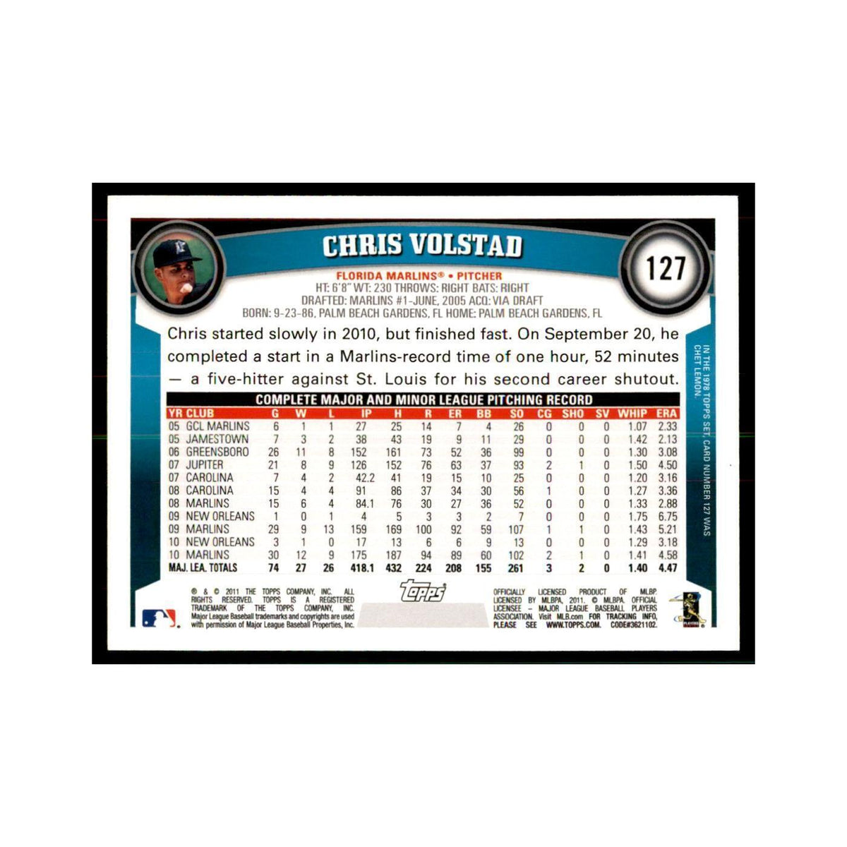 2011 Topps Chris Volstad Baseball Cards #127