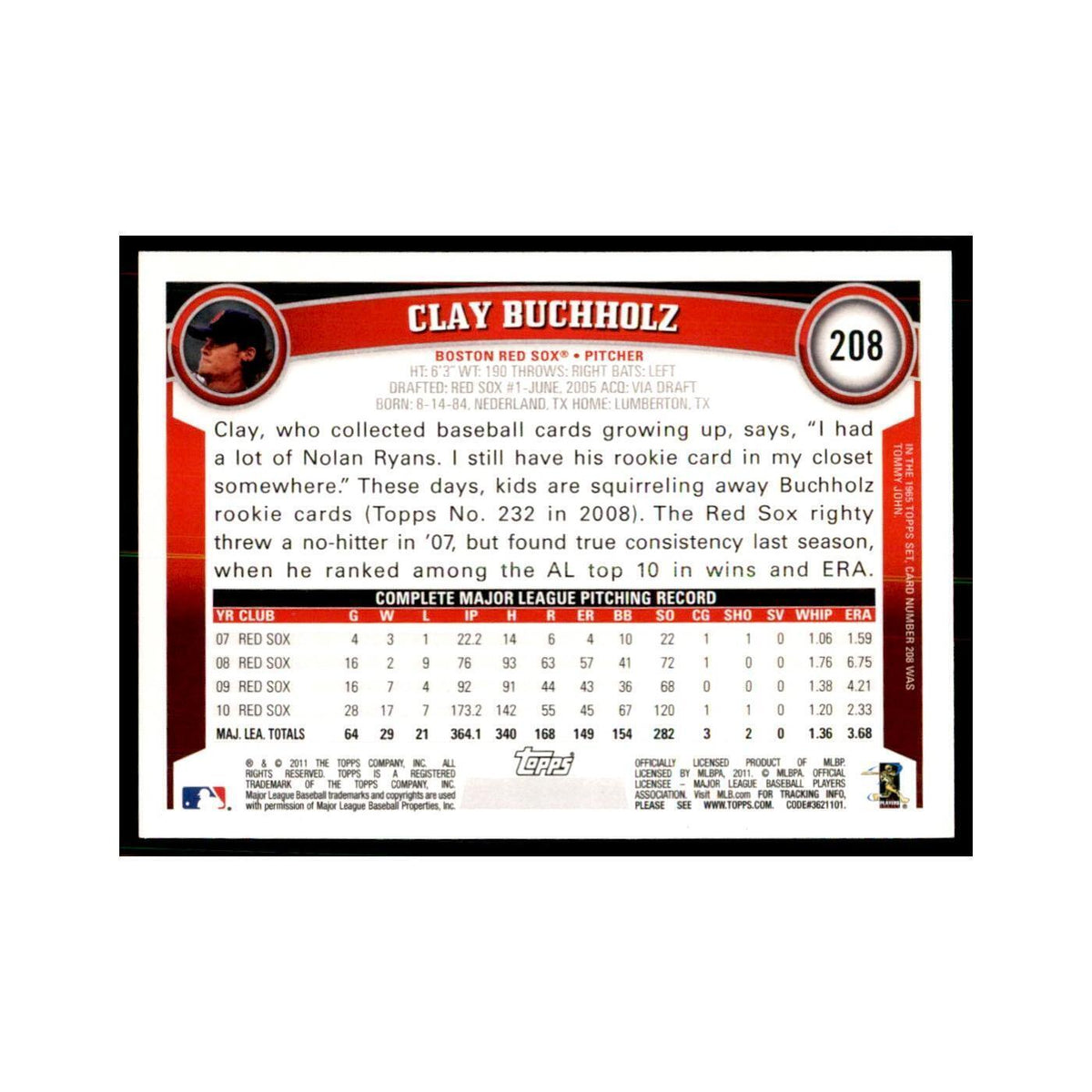 2011 Topps Clay Buchholz Baseball Cards #208
