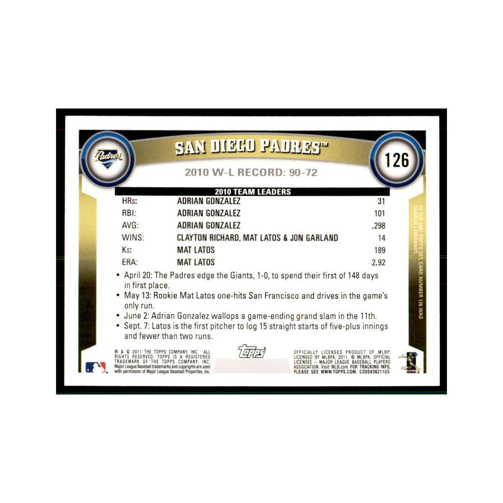2011 Topps San Diego Padres Baseball Cards #126