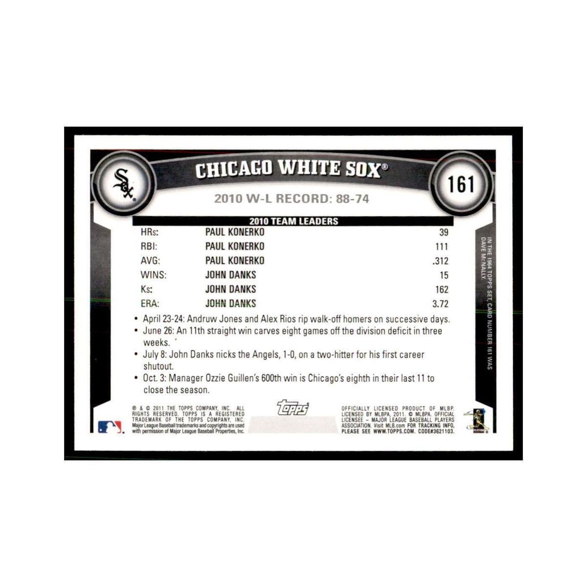 2011 Topps Chicago White Sox Baseball Cards #161