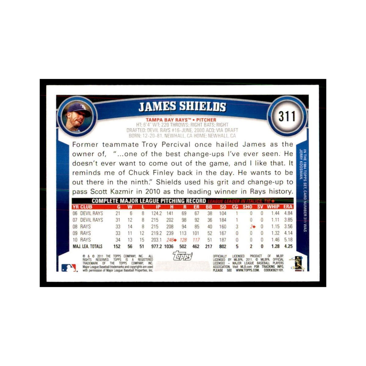 2011 Topps James Shields Baseball Cards #311