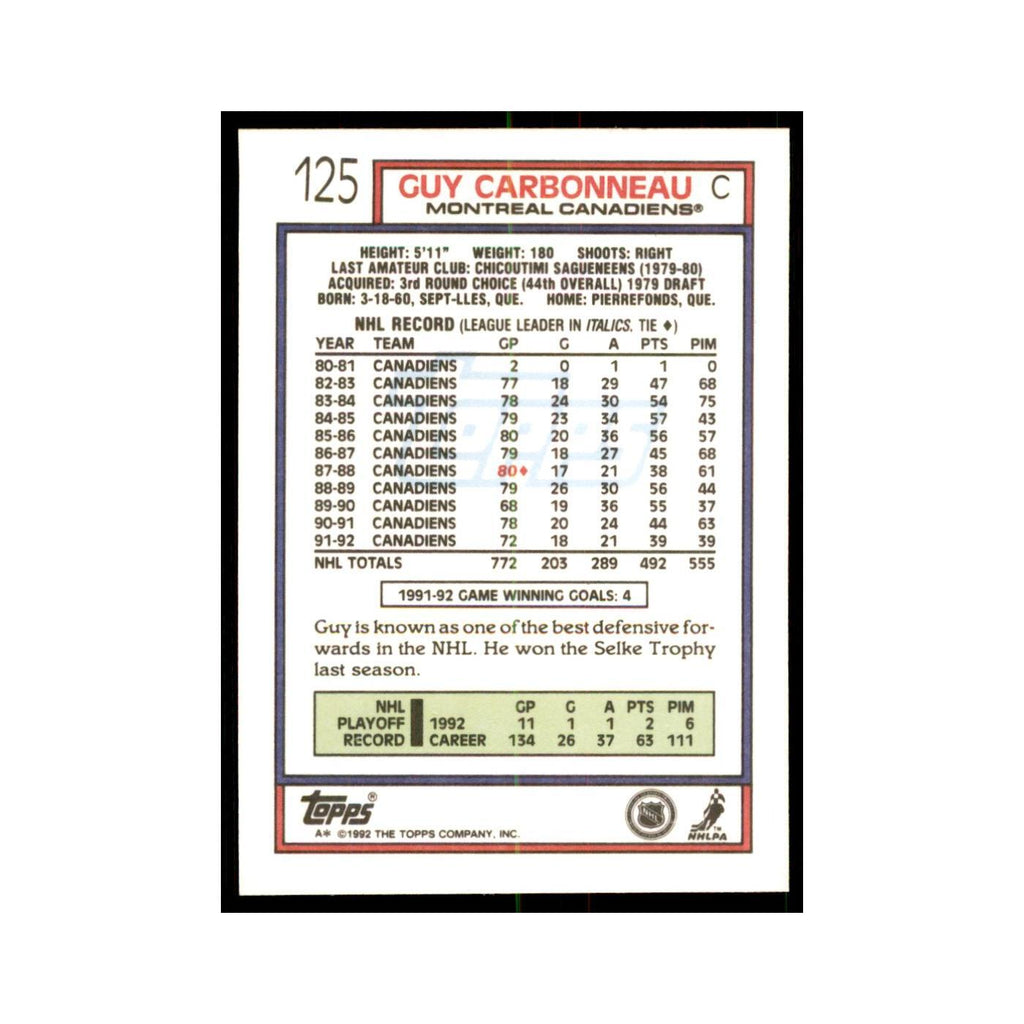 Guy Carbonneau 1992 Topps #125 Hockey Cards Hockey Card NM