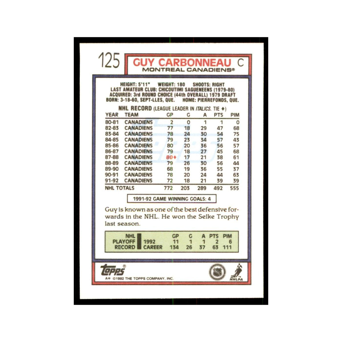 Guy Carbonneau 1992 Topps #125 Hockey Cards Hockey Card NM