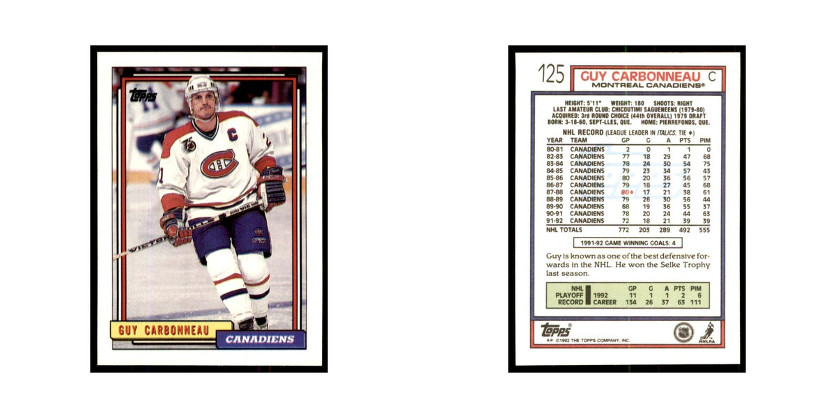Guy Carbonneau 1992 Topps #125 Hockey Cards Hockey Card NM