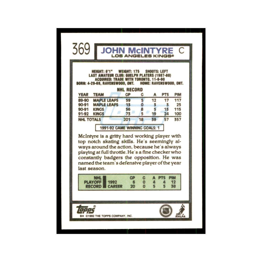 John McIntyre 1992 Topps #369 Hockey Cards Hockey Card NM