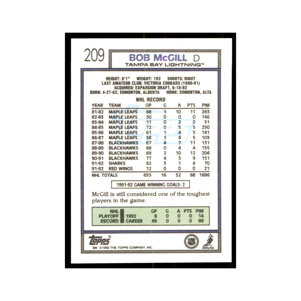 Bob McGill 1992 Topps #209 Hockey Cards Hockey Card NM