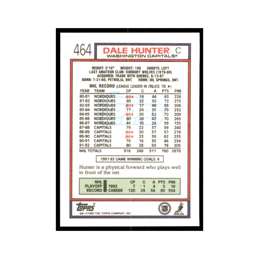 Dale Hunter 1992 Topps #464 Hockey Cards Hockey Card NM