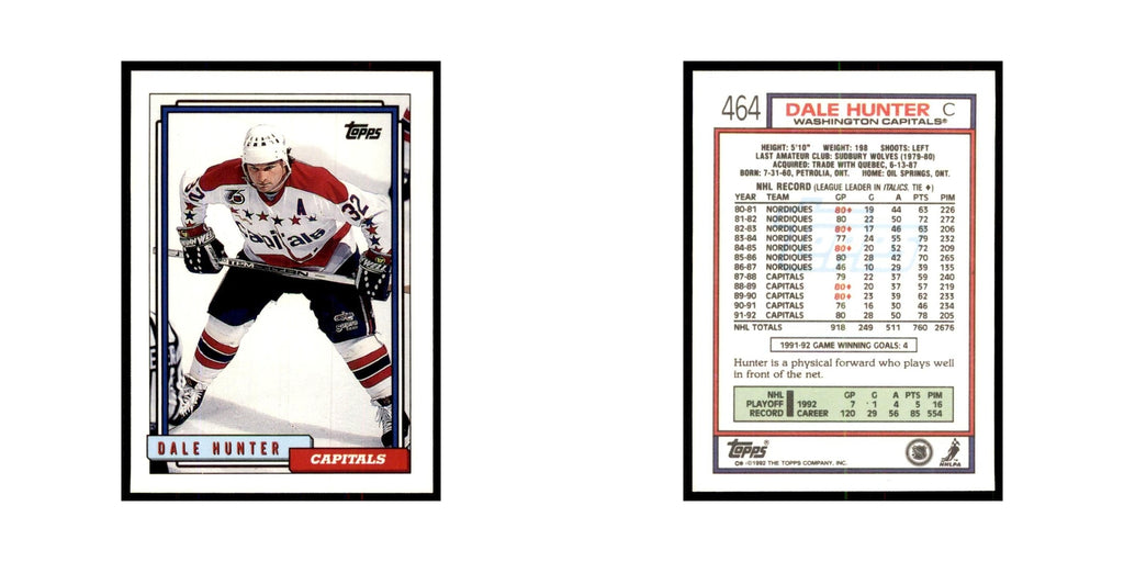 Dale Hunter 1992 Topps #464 Hockey Cards Hockey Card NM