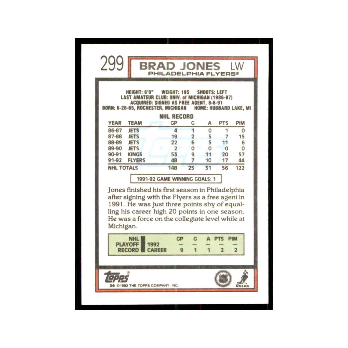 Brad Jones 1992 Topps #299 Hockey Cards Hockey Card NM