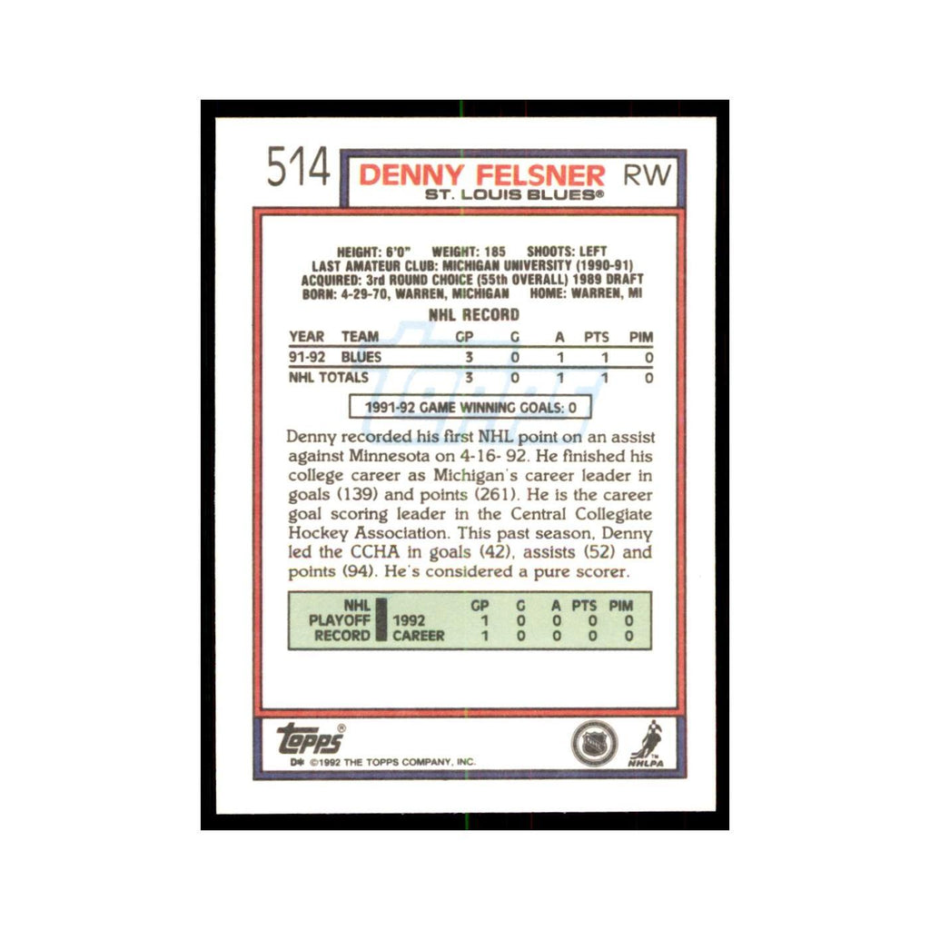 Denny Felsner 1992 Topps #514 Hockey Cards Hockey Card NM