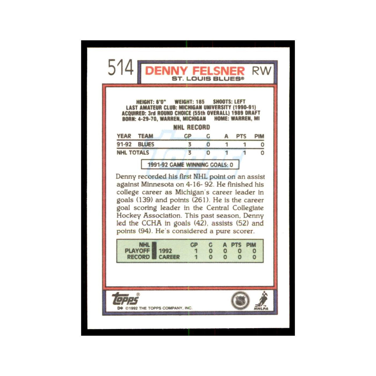 Denny Felsner 1992 Topps #514 Hockey Cards Hockey Card NM