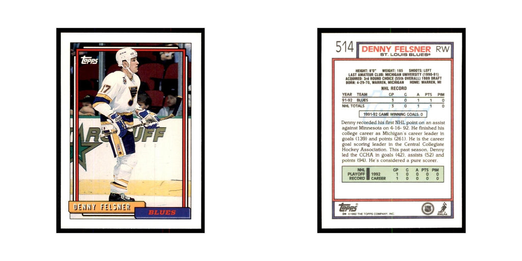 Denny Felsner 1992 Topps #514 Hockey Cards Hockey Card NM