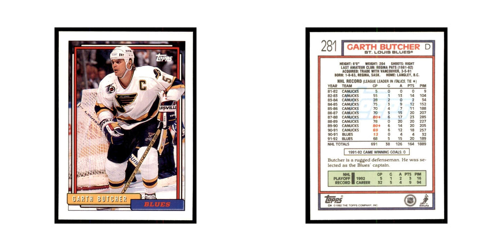 Garth Butcher 1992 Topps #281 Hockey Cards Hockey Card NM