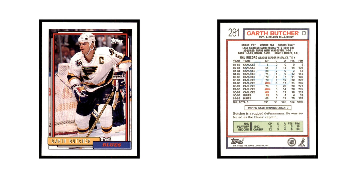 Garth Butcher 1992 Topps #281 Hockey Cards Hockey Card NM