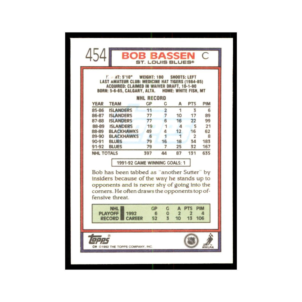 Bob Bassen 1992 Topps #454 Hockey Cards Hockey Card NM