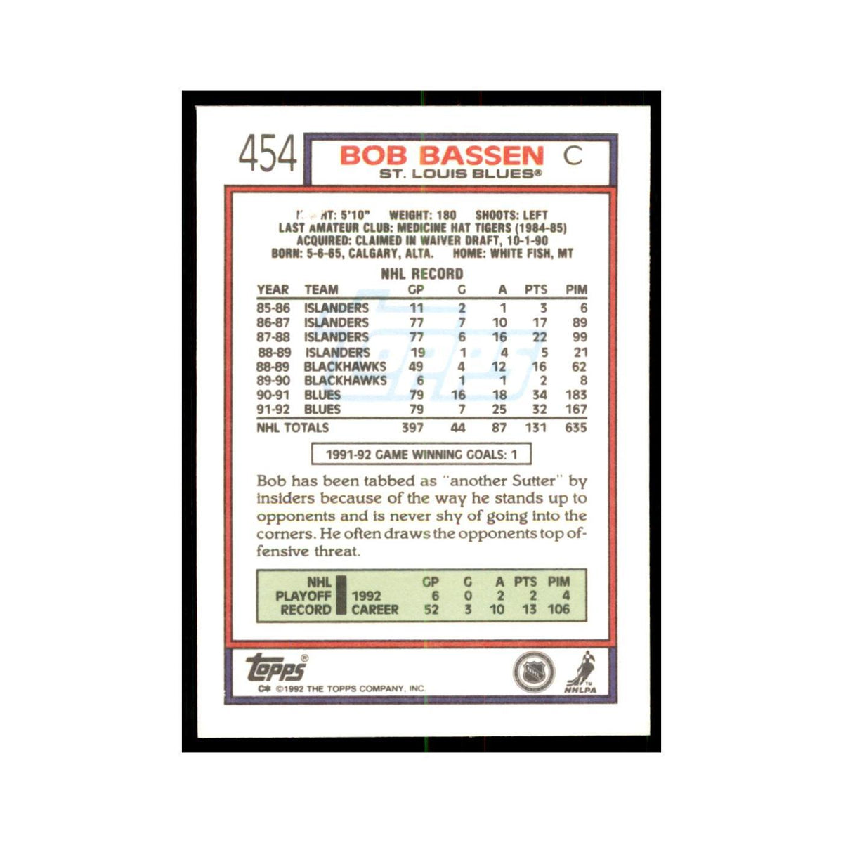 Bob Bassen 1992 Topps #454 Hockey Cards Hockey Card NM