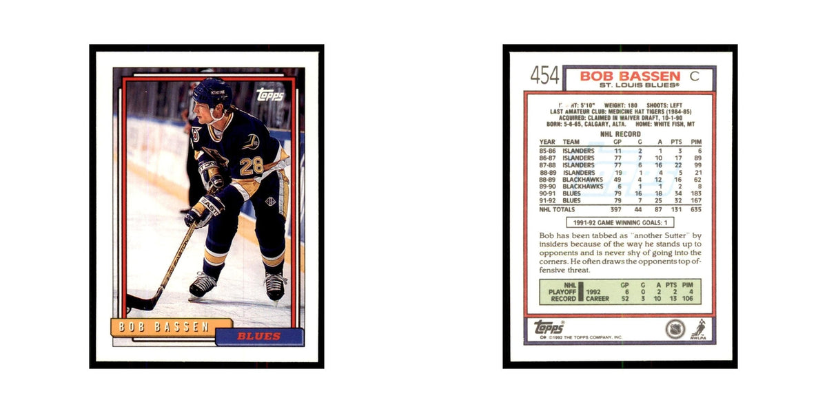 Bob Bassen 1992 Topps #454 Hockey Cards Hockey Card NM