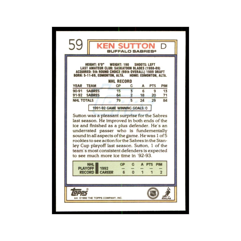 Ken Sutton 1992 Topps #59 Hockey Cards Hockey Card NM
