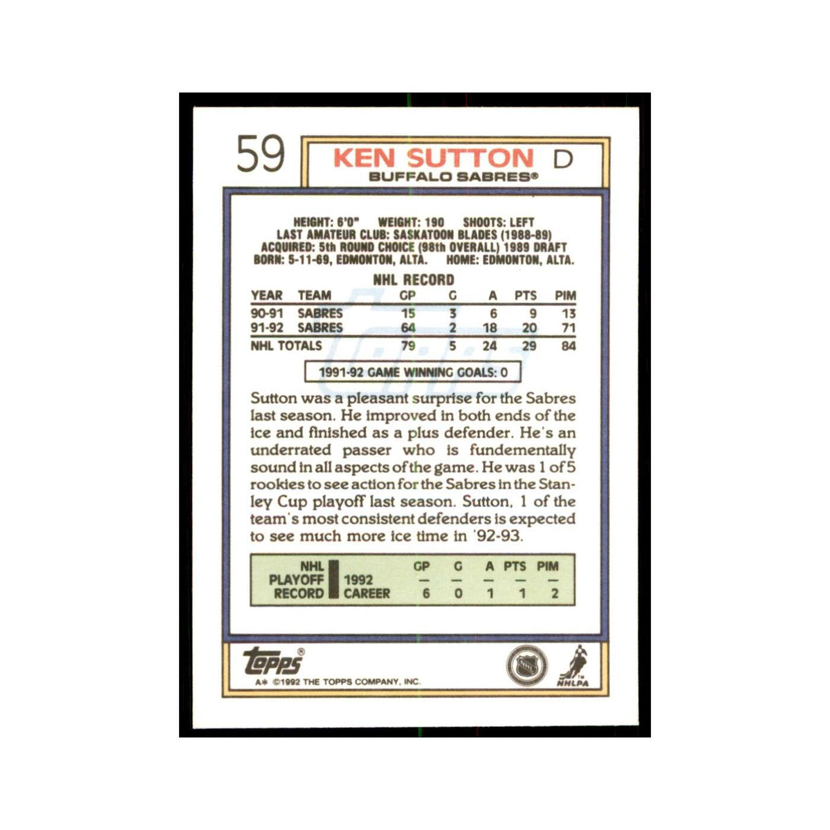 Ken Sutton 1992 Topps #59 Hockey Cards Hockey Card NM