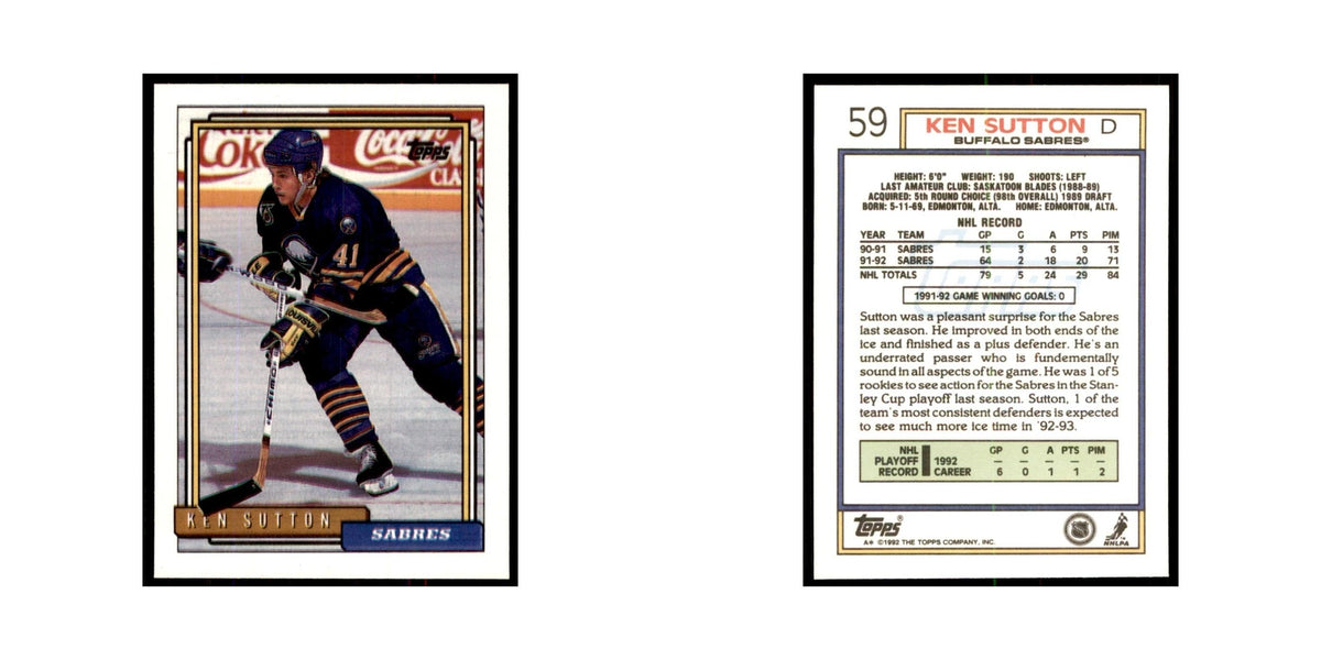 Ken Sutton 1992 Topps #59 Hockey Cards Hockey Card NM