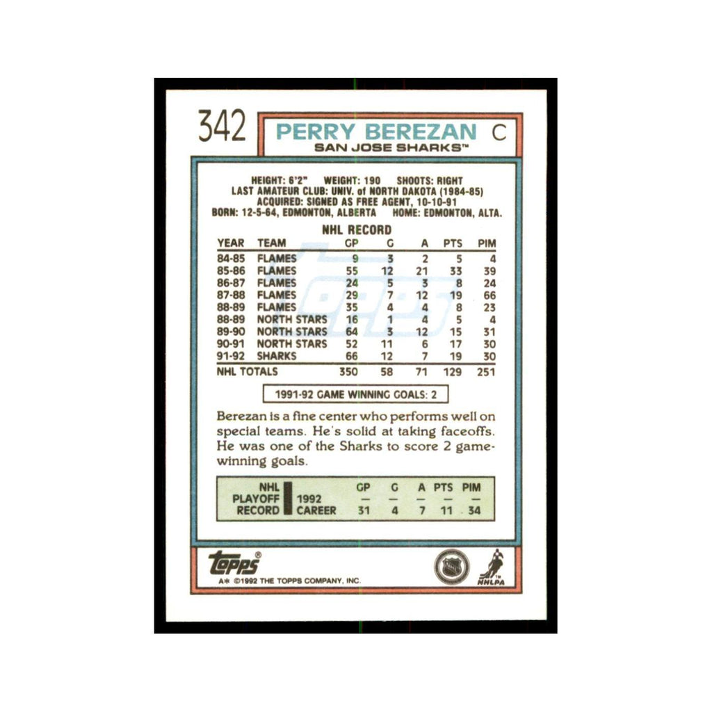Perry Berezan 1992 Topps #342 Hockey Cards Hockey Card NM