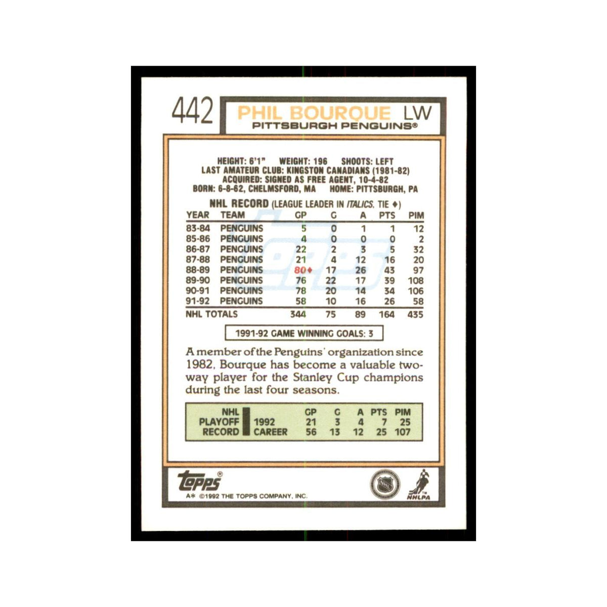 Phil Bourque 1992 Topps #442 Hockey Cards Hockey Card NM