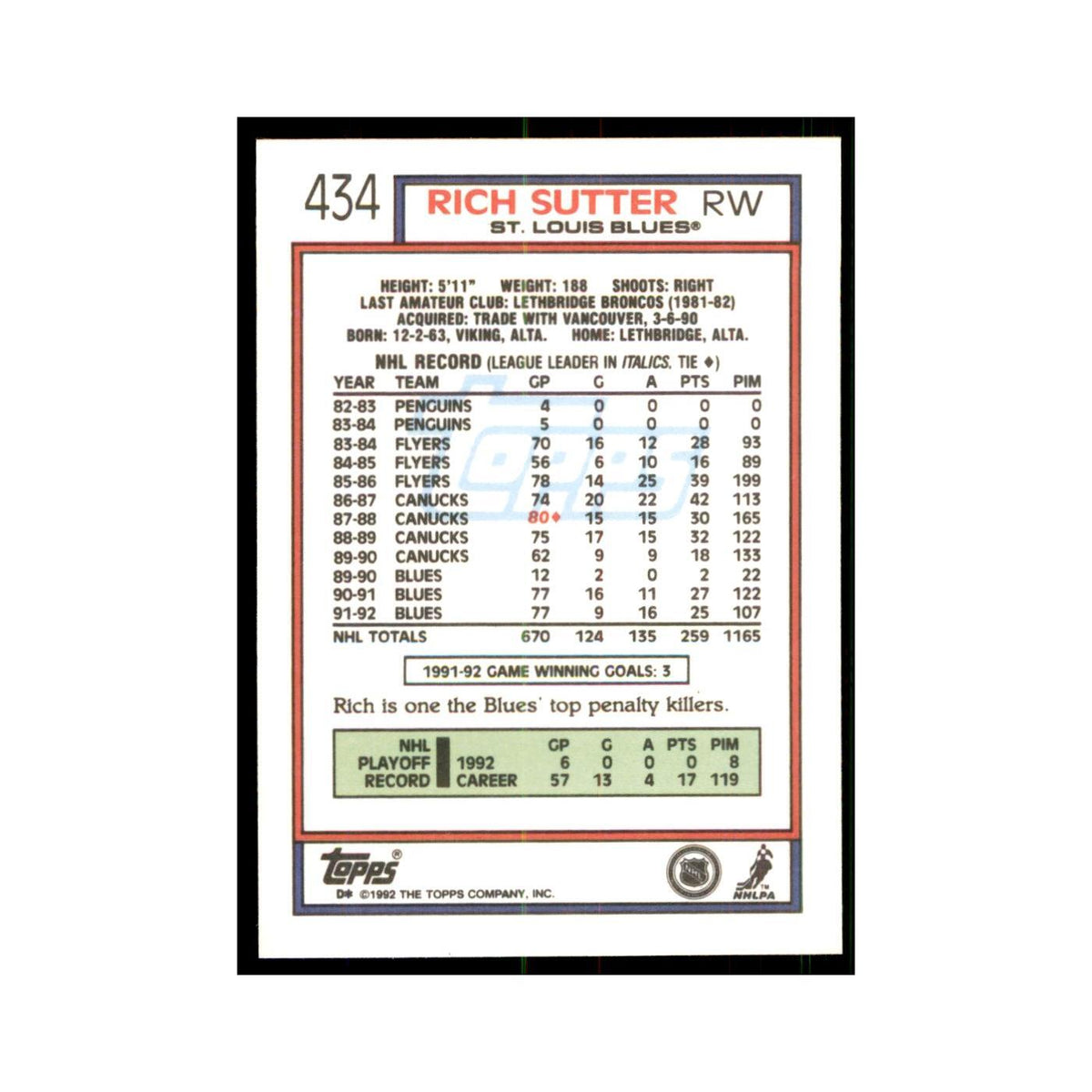 Rich Sutter 1992 Topps #434 Hockey Cards Hockey Card NM