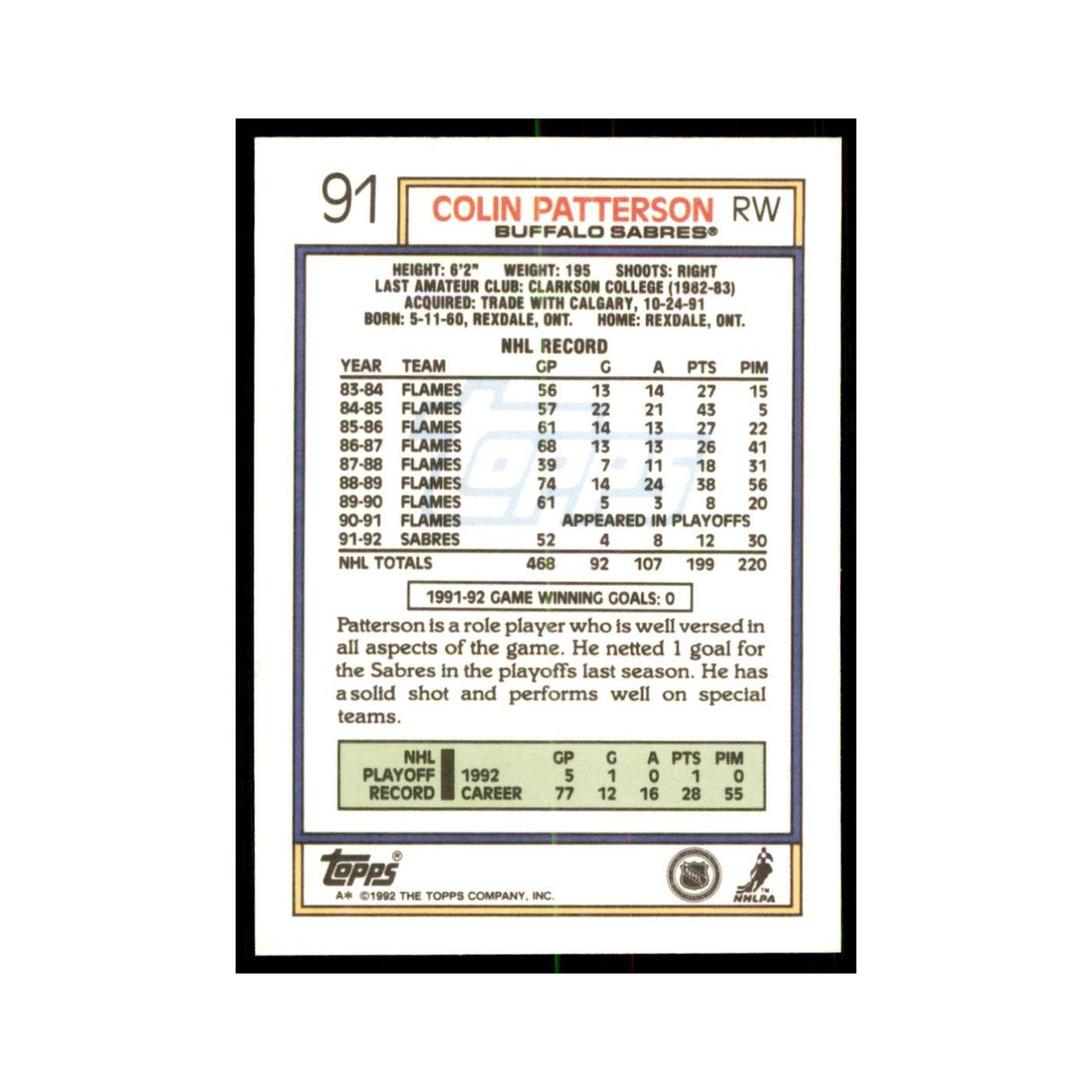 Colin Patterson 1992 Topps #91 Hockey Cards Hockey Card NM