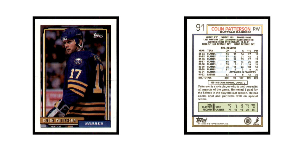 Colin Patterson 1992 Topps #91 Hockey Cards Hockey Card NM