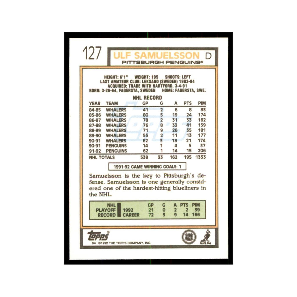 Ulf Samuelsson 1992 Topps #127 Hockey Cards Hockey Card NM