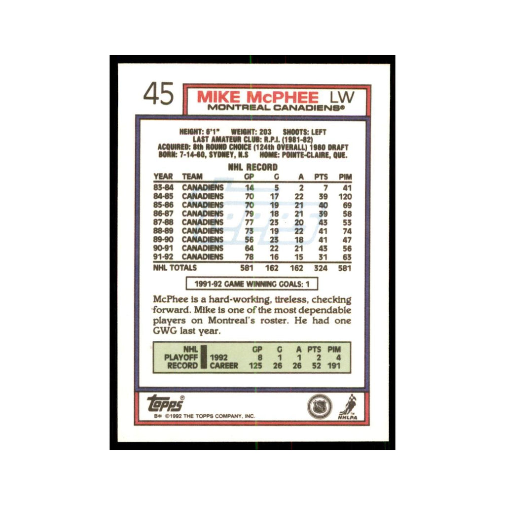 Mike McPhee 1992 Topps #45 Hockey Cards Hockey Card NM