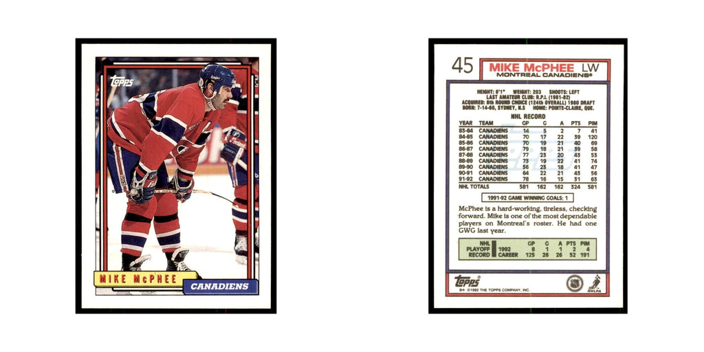Mike McPhee 1992 Topps #45 Hockey Cards Hockey Card NM