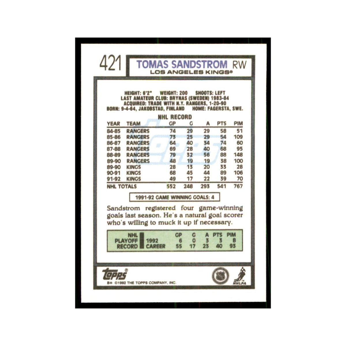 Tomas Sandstrom 1992 Topps #421 Hockey Cards Hockey Card NM