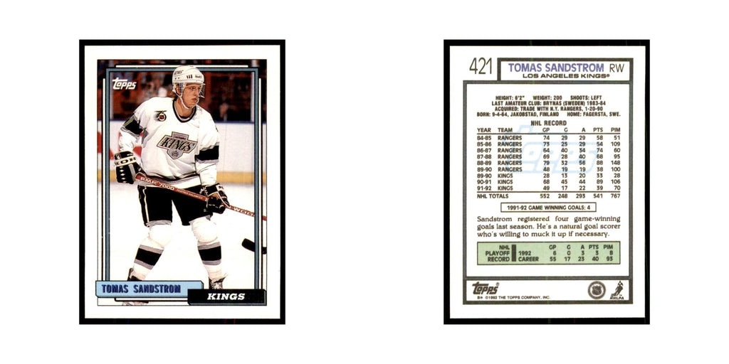 Tomas Sandstrom 1992 Topps #421 Hockey Cards Hockey Card NM