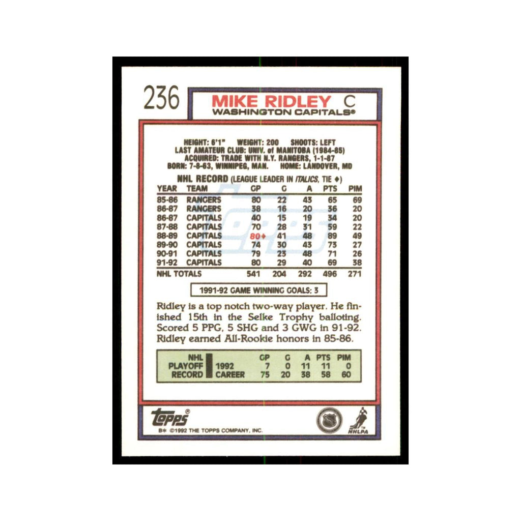 Mike Ridley 1992 Topps #236 Hockey Cards Hockey Card NM