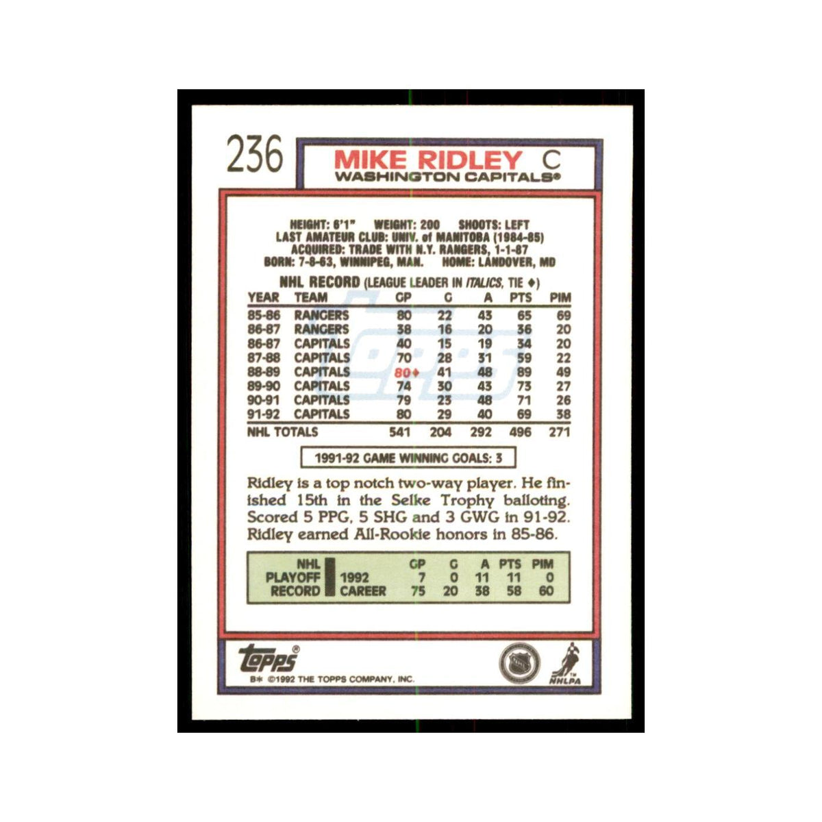 Mike Ridley 1992 Topps #236 Hockey Cards Hockey Card NM