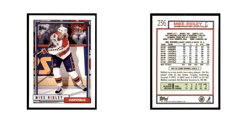 Mike Ridley 1992 Topps #236 Hockey Cards Hockey Card NM