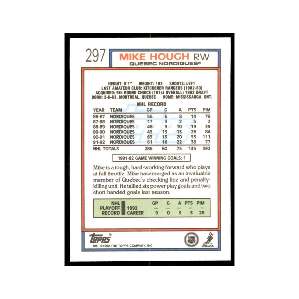 Mike Hough 1992 Topps #297 Hockey Cards Hockey Card NM