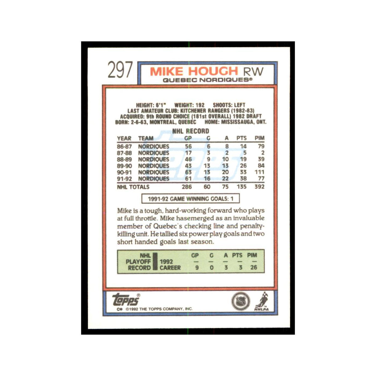 Mike Hough 1992 Topps #297 Hockey Cards Hockey Card NM