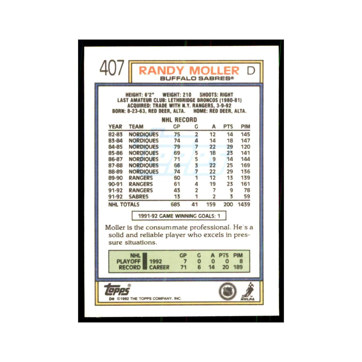 Randy Moller 1992 Topps #407 Hockey Cards Hockey Card NM